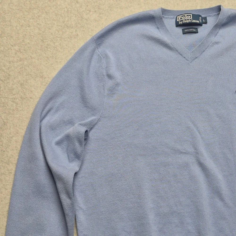 Polo Ralph Lauren Mens V-Neck Sweater Blue 100% Cotton Pony Logo Large
